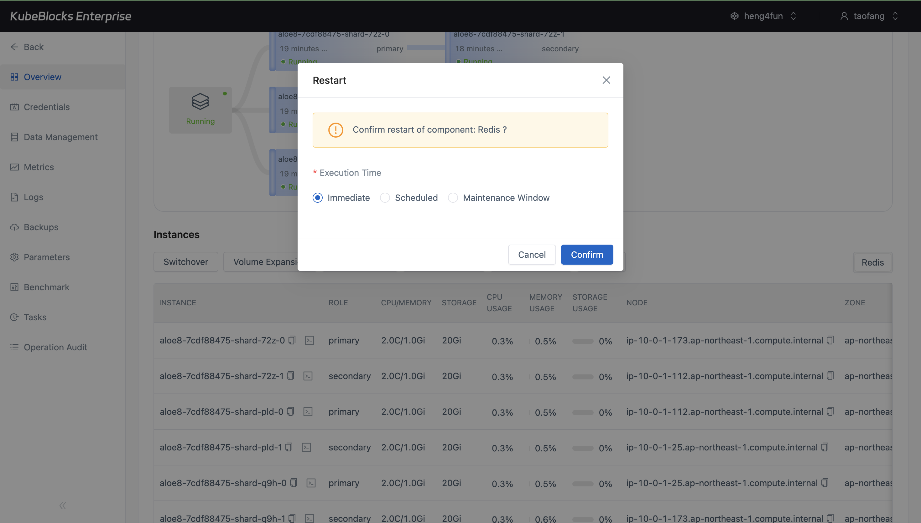 KubeBlocks Enterprise Redis restart dialog showing scheduled lifecycle controls