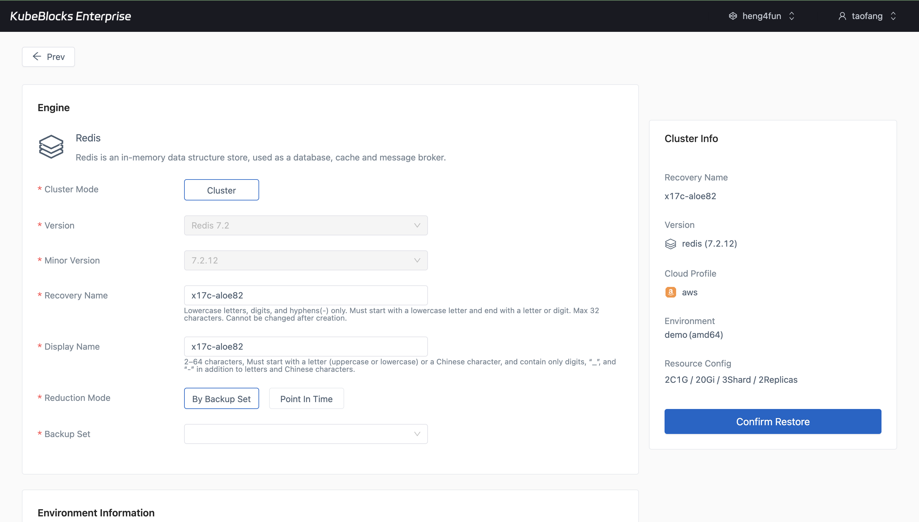 KubeBlocks Enterprise Redis restore page showing recovery configuration