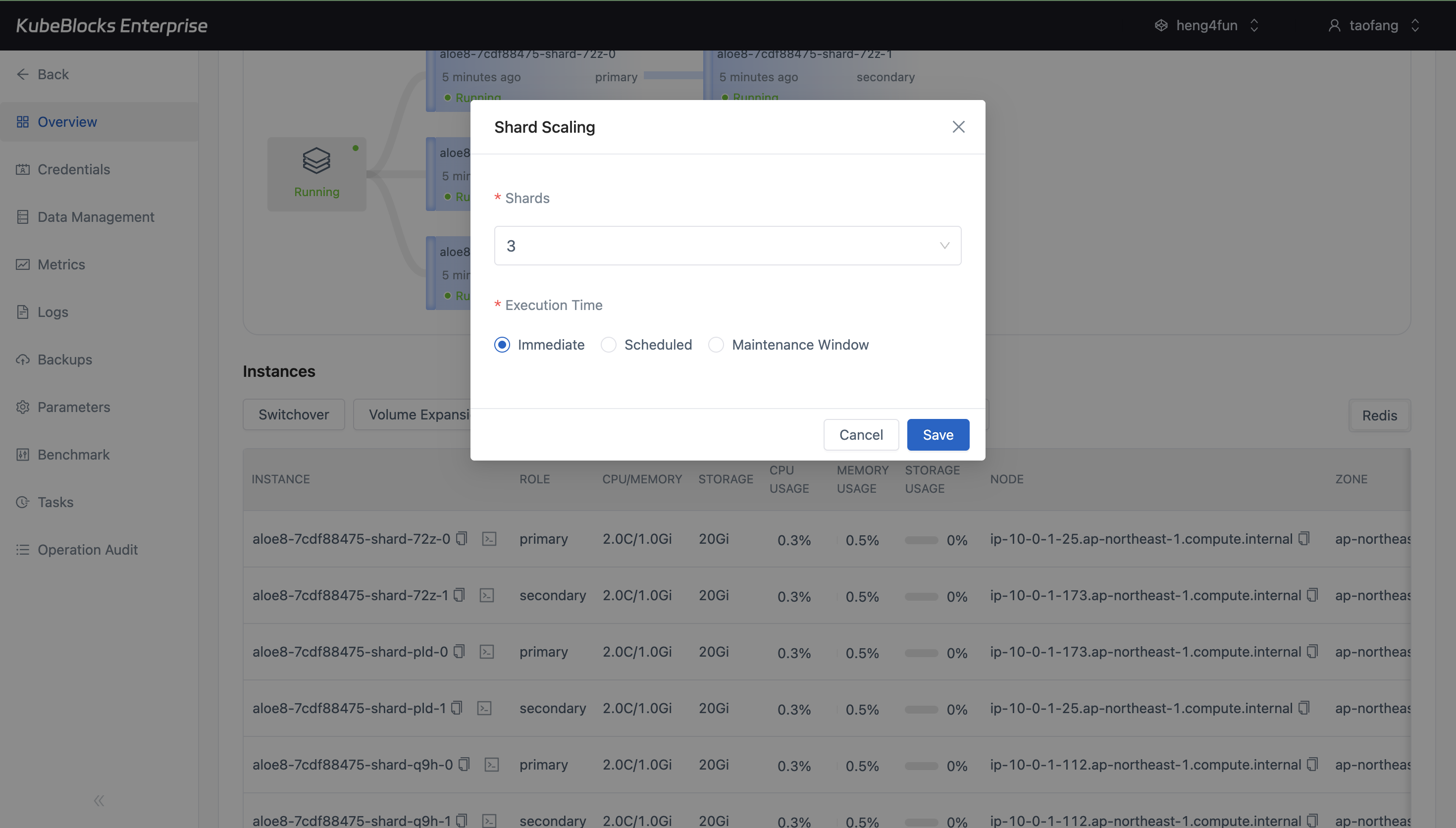 KubeBlocks Enterprise Redis scaling dialog showing shard and replica scaling controls