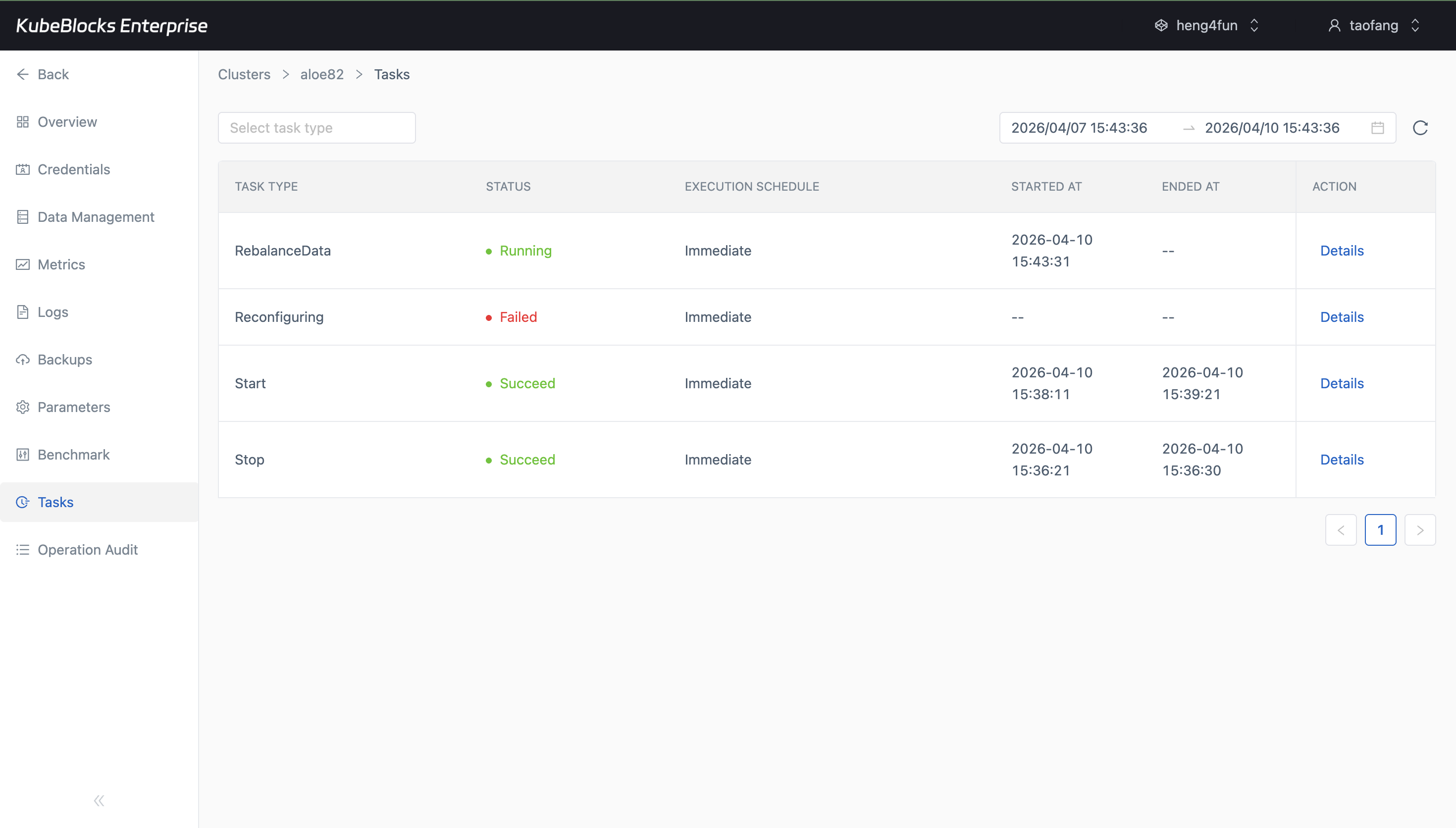 KubeBlocks Enterprise Redis tasks page showing a slot rebalance task