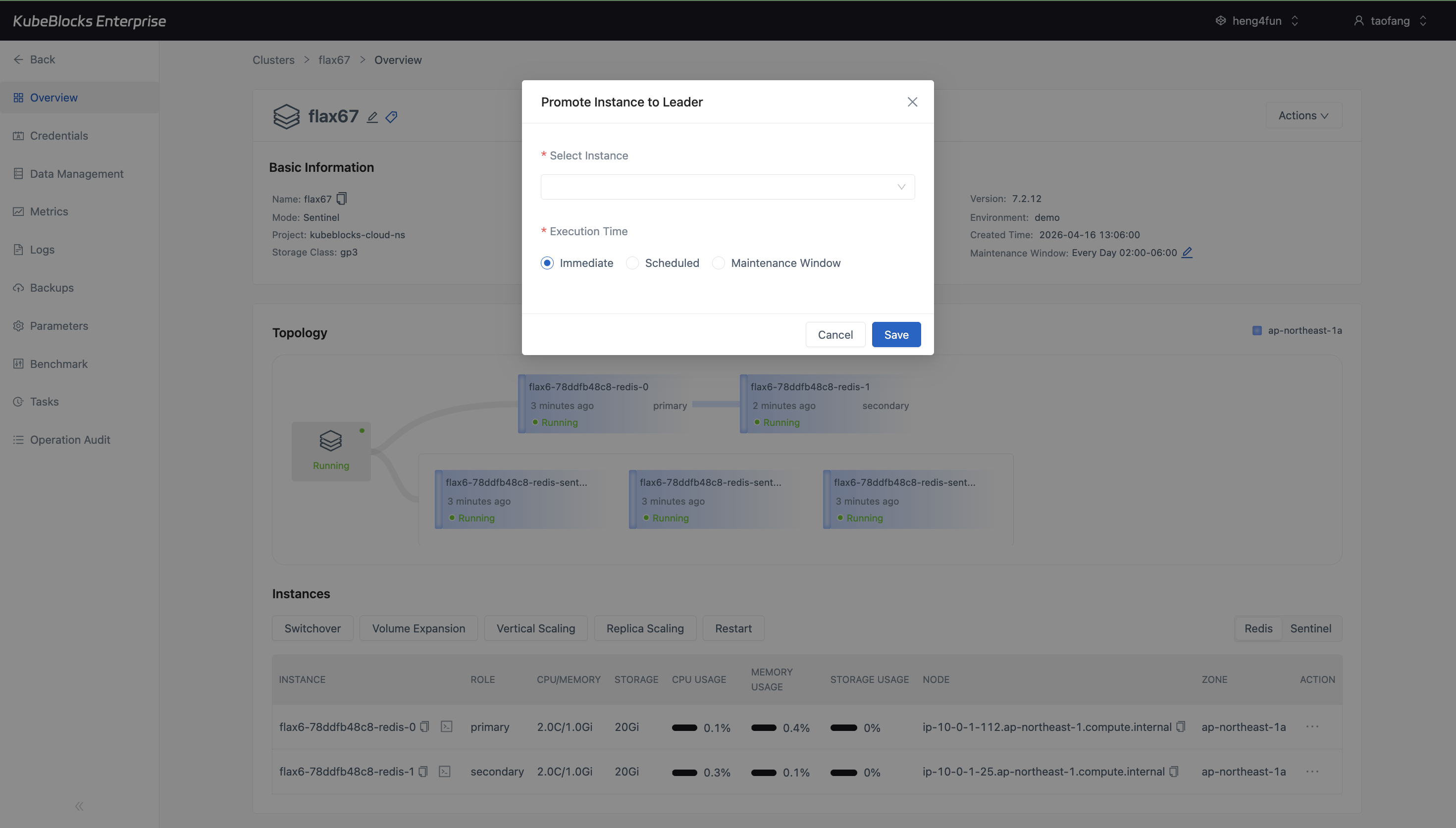 KubeBlocks Enterprise Redis Sentinel switchover dialog showing leader promotion controls
