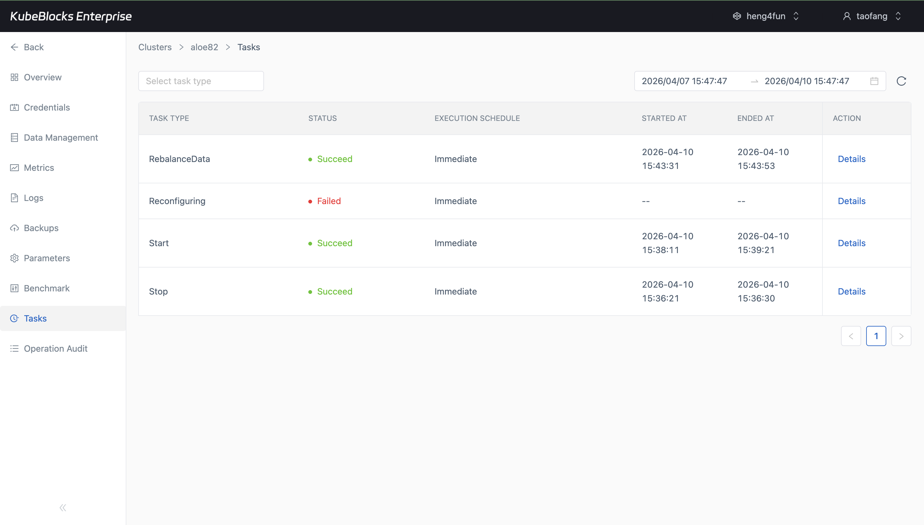 KubeBlocks Enterprise Redis tasks page showing stop, start, rebalance, and reconfiguration records