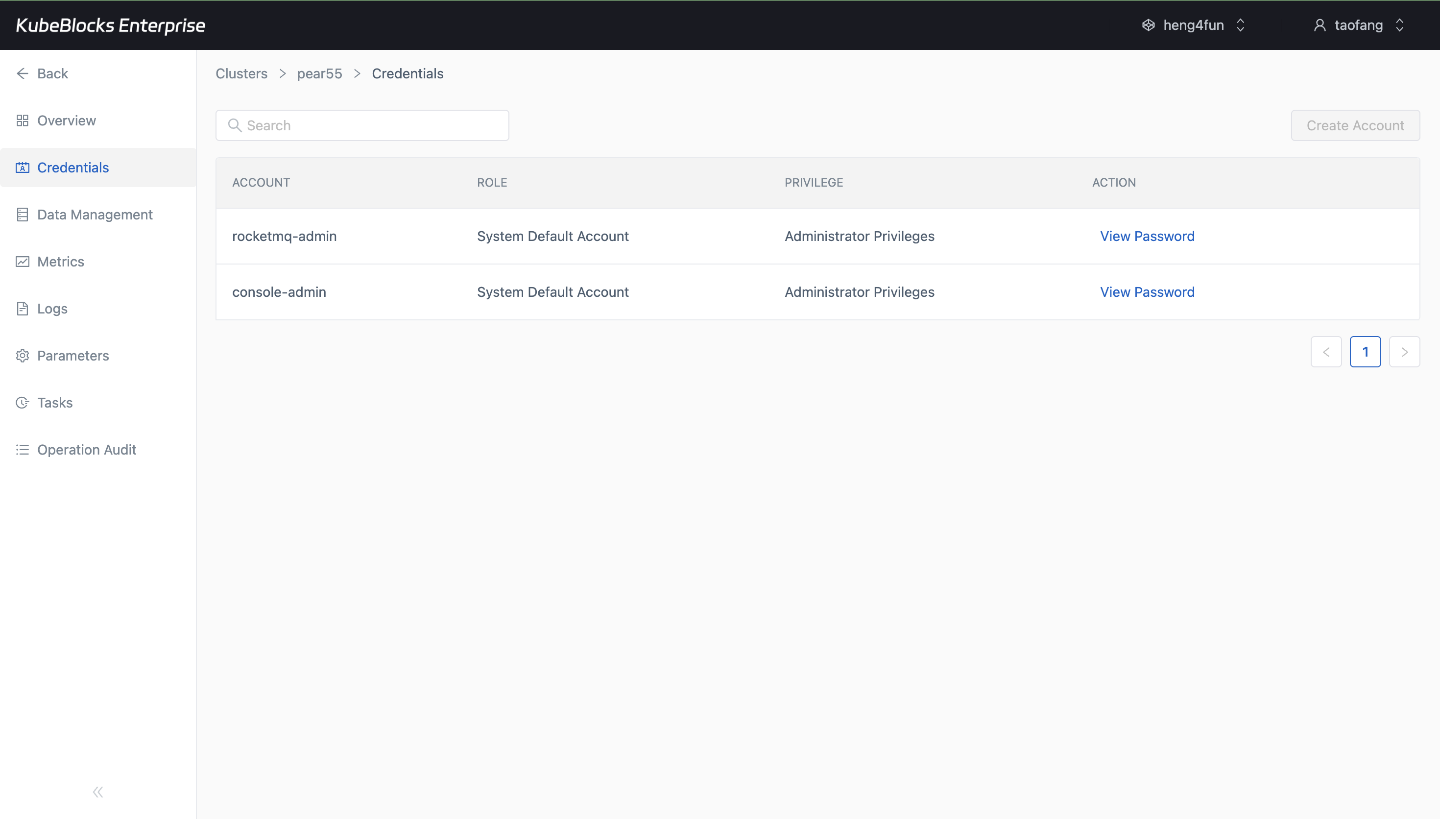 KubeBlocks Enterprise RocketMQ Credentials page showing account information and Create Account button