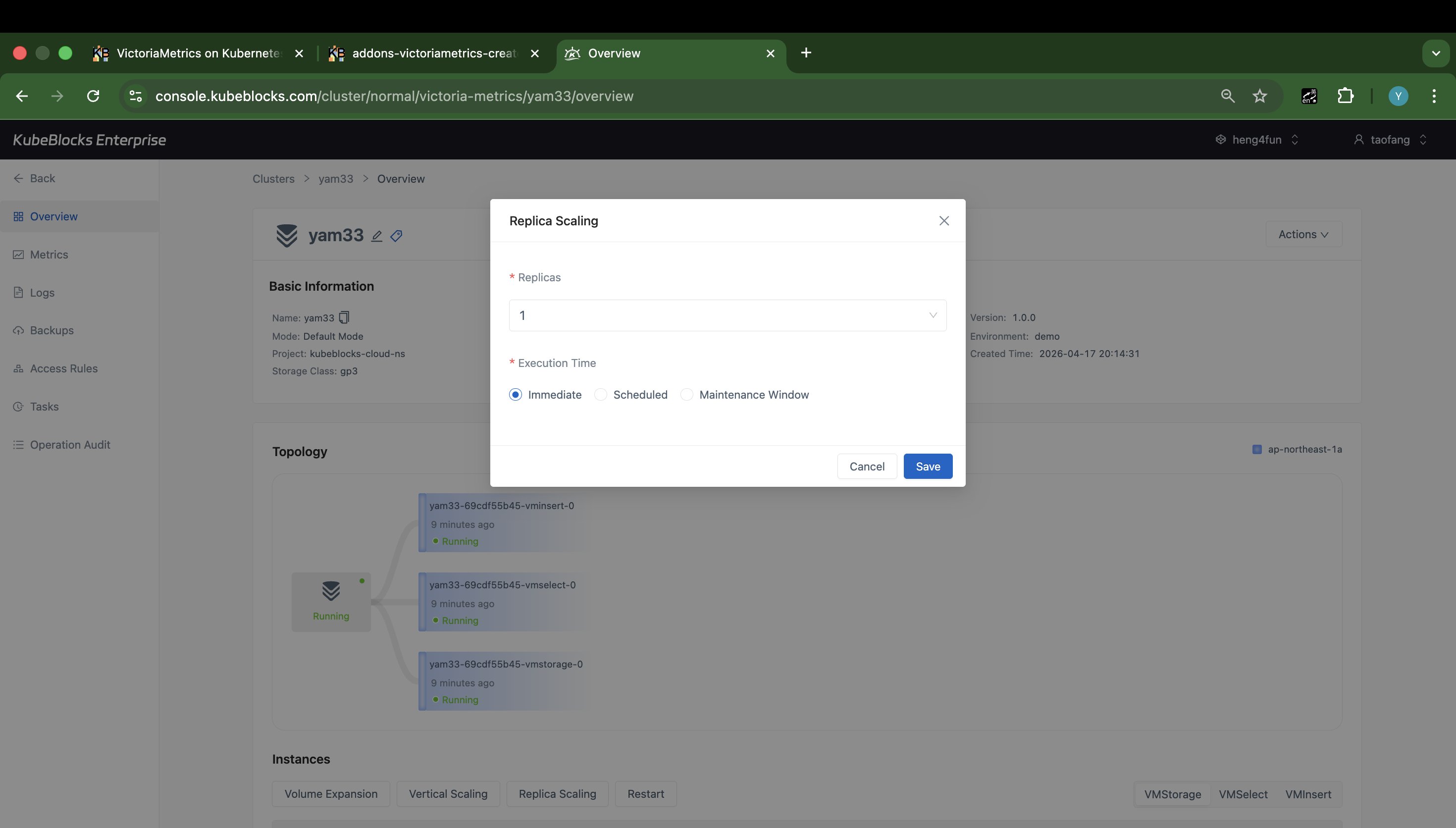 KubeBlocks Enterprise VictoriaMetrics Horizontal Scaling dialog showing replica controls and execution timing options