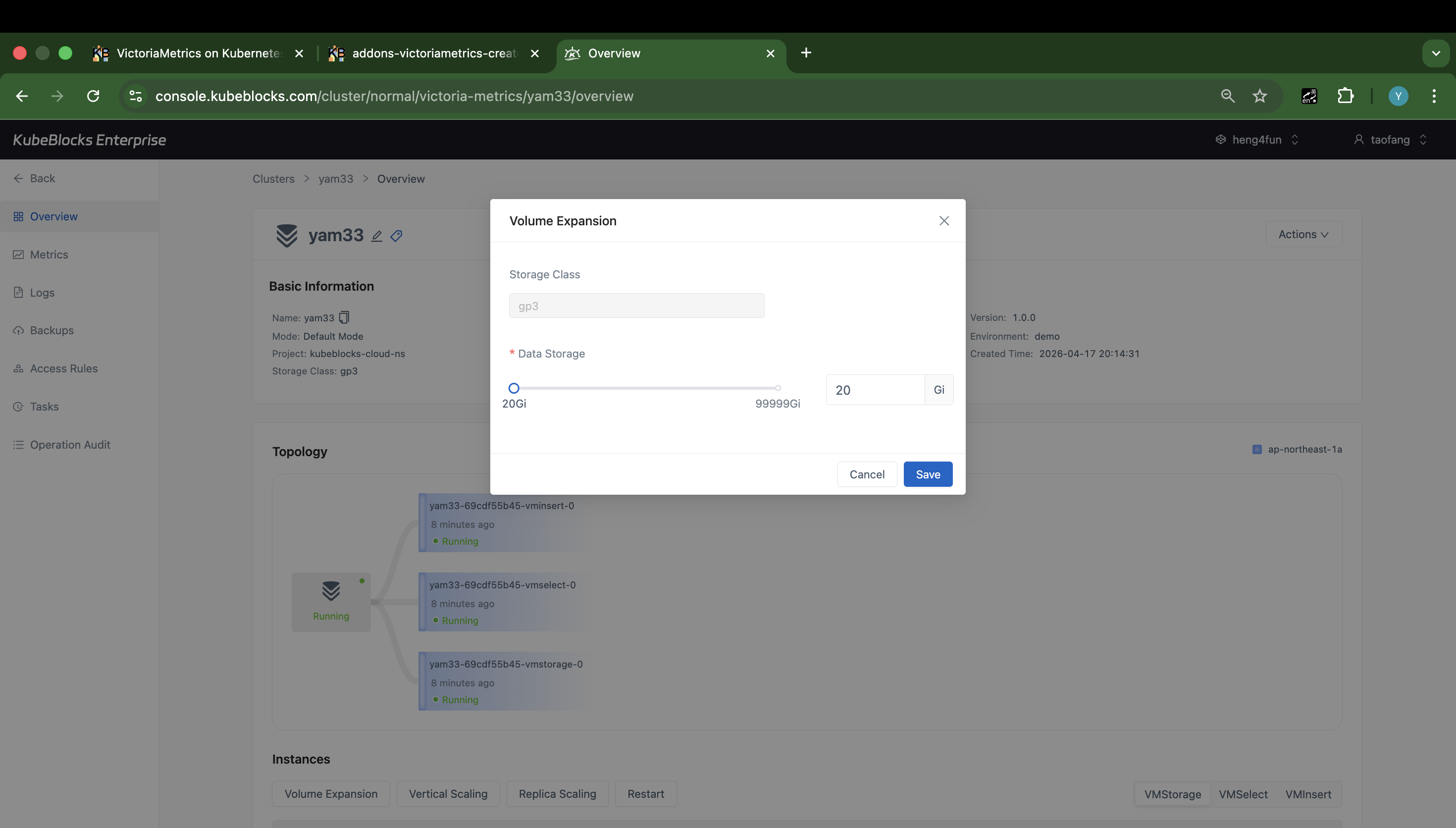 KubeBlocks Enterprise VictoriaMetrics Volume Expansion dialog showing storage class and target capacity controls