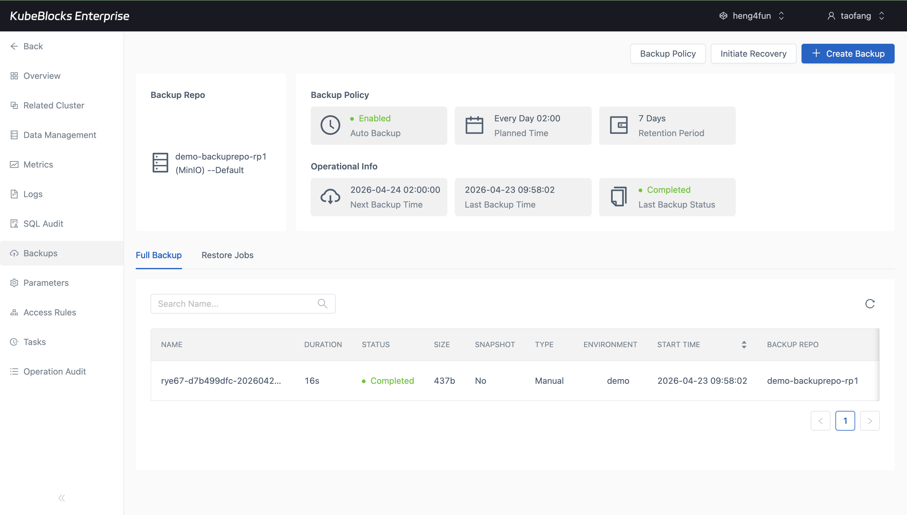 KubeBlocks Enterprise ZooKeeper Backups page showing backup policy, repository information, and a completed manual backup