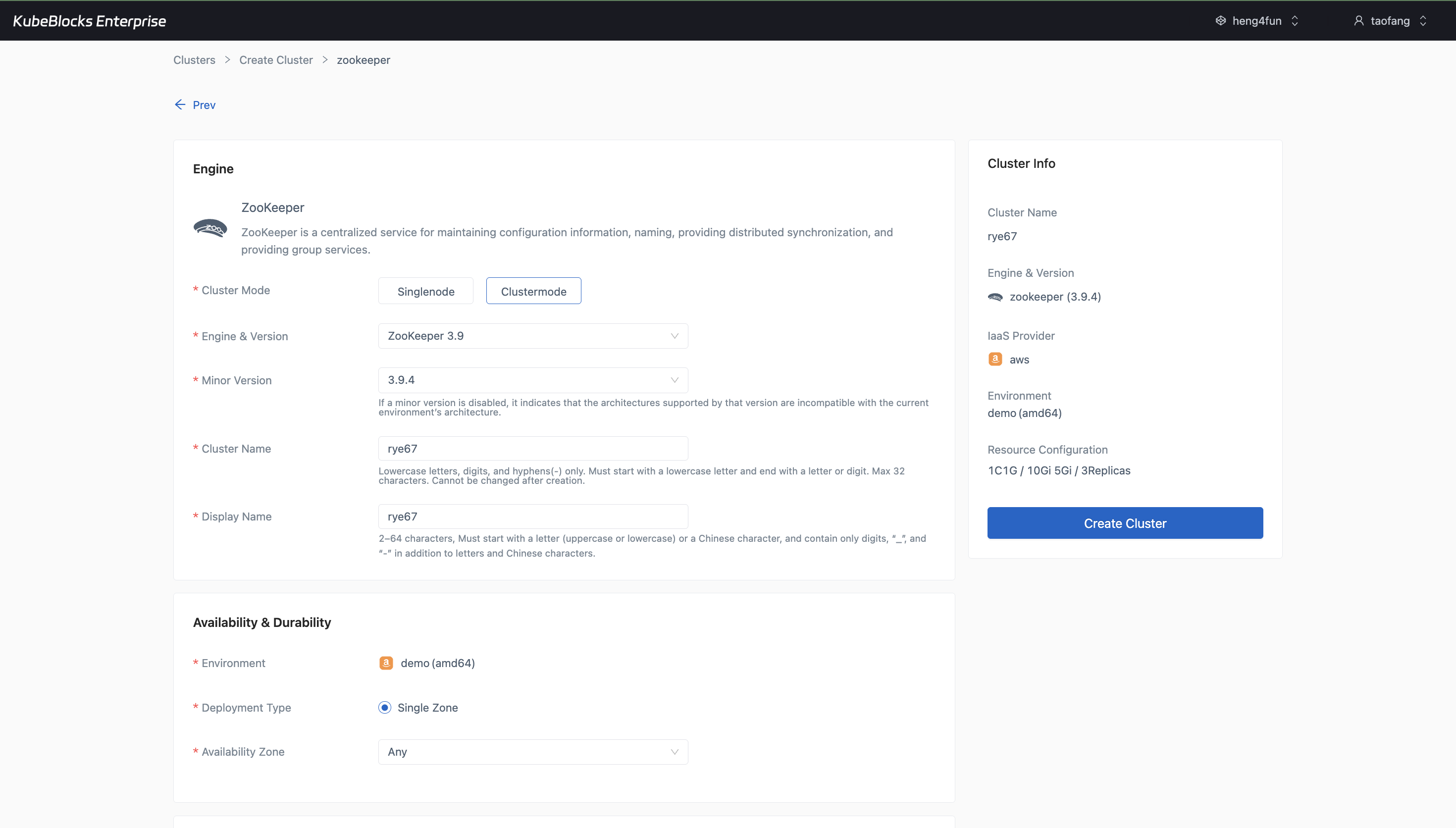 KubeBlocks Enterprise ZooKeeper create wizard showing clustered mode, version, replica, compute, storage, and backup options