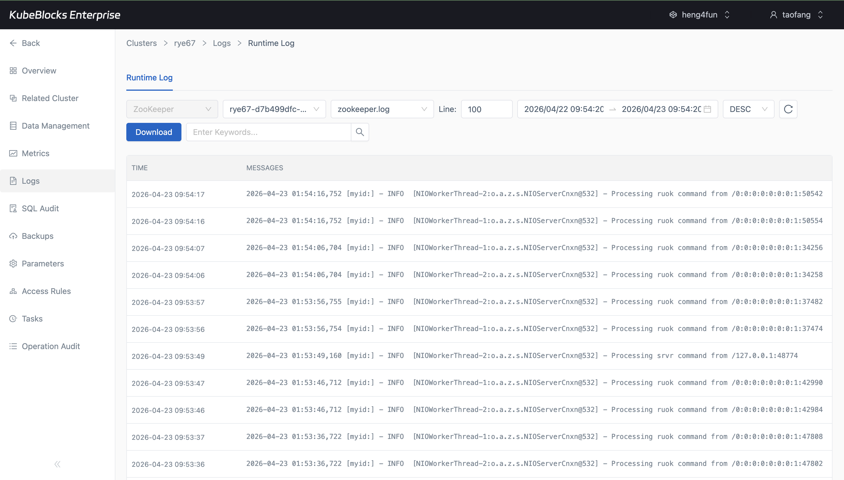 KubeBlocks Enterprise ZooKeeper Runtime Log page showing real log lines from a ZooKeeper member