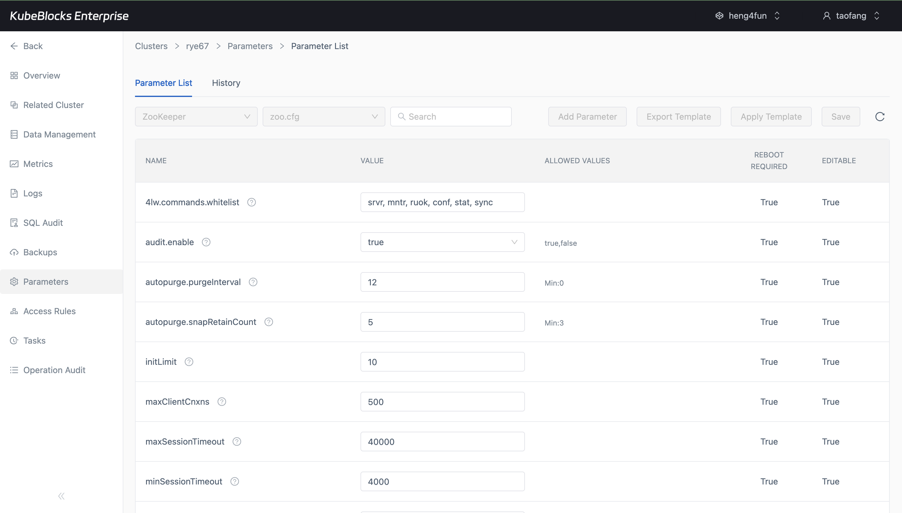 KubeBlocks Enterprise ZooKeeper Parameters page showing editable ZooKeeper settings from zoo.cfg