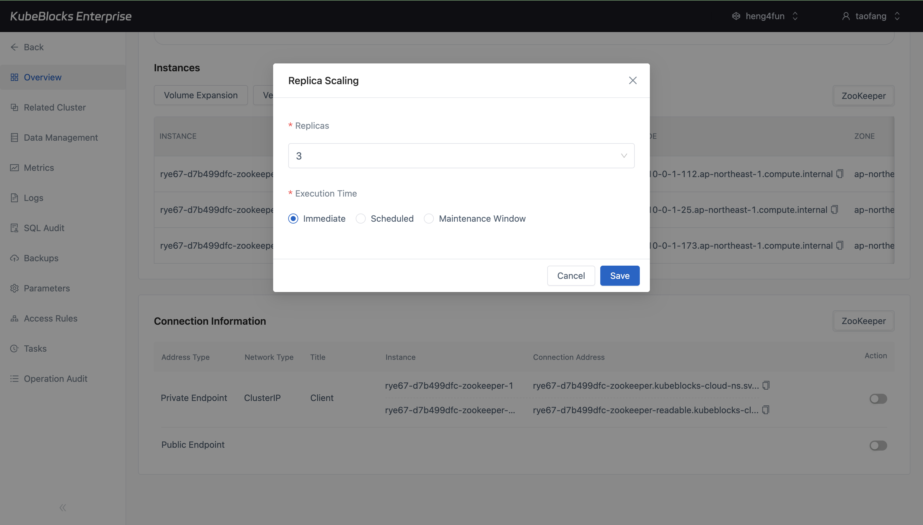 KubeBlocks Enterprise ZooKeeper Replica Scaling dialog showing the current replica count and execution time controls