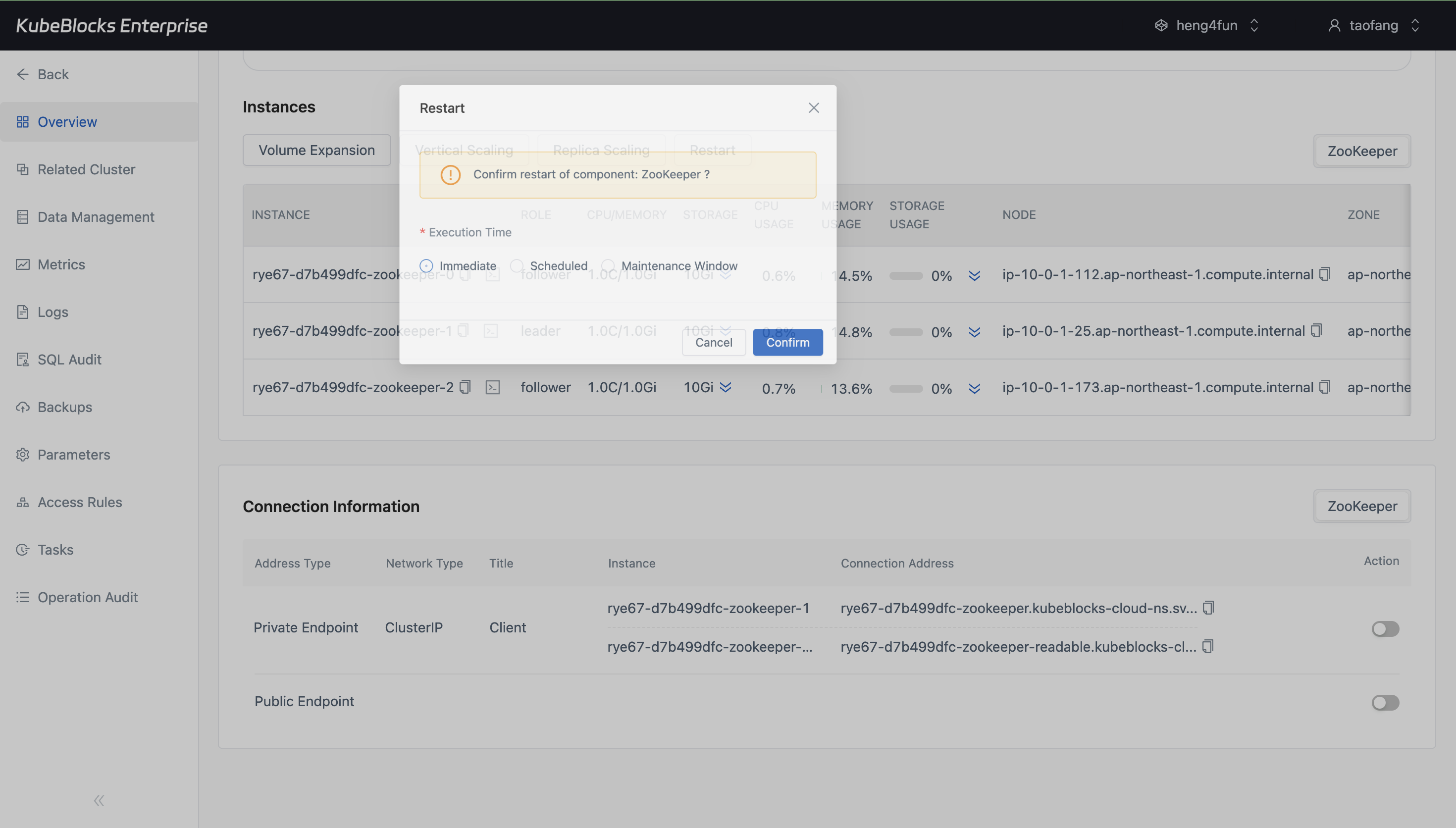 KubeBlocks Enterprise ZooKeeper restart dialog opened from the cluster overview