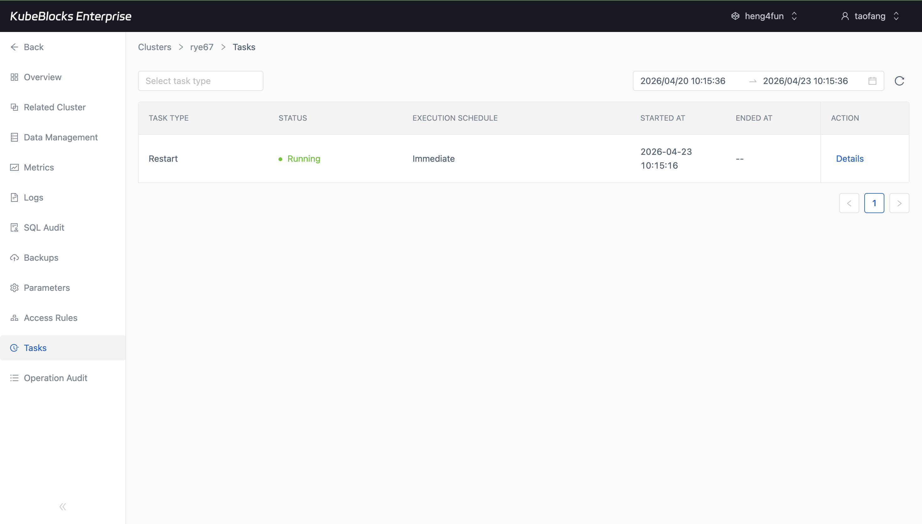 KubeBlocks Enterprise ZooKeeper Tasks page showing a restart task in progress