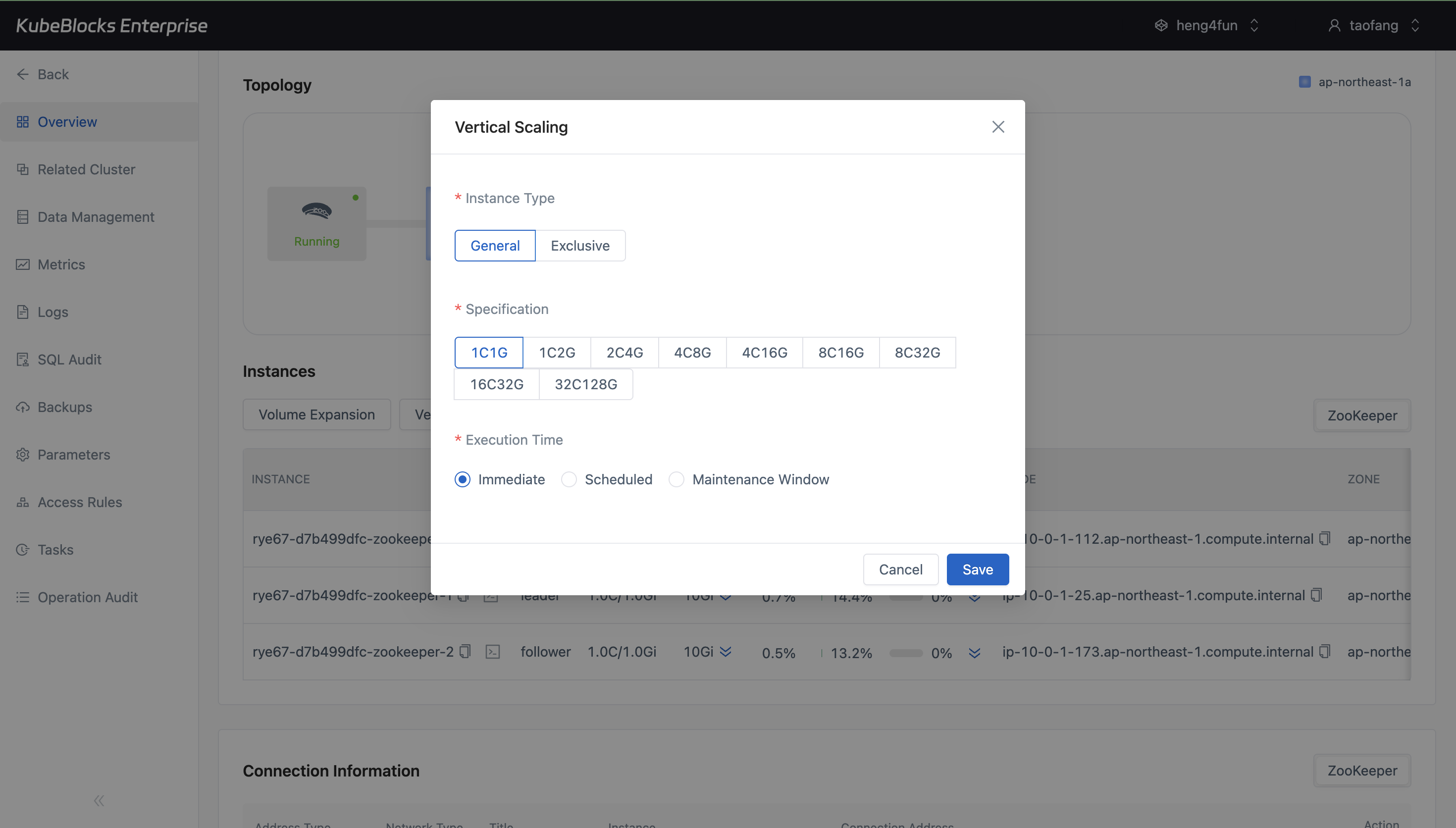 KubeBlocks Enterprise ZooKeeper Vertical Scaling dialog showing instance type, specification, and execution time options