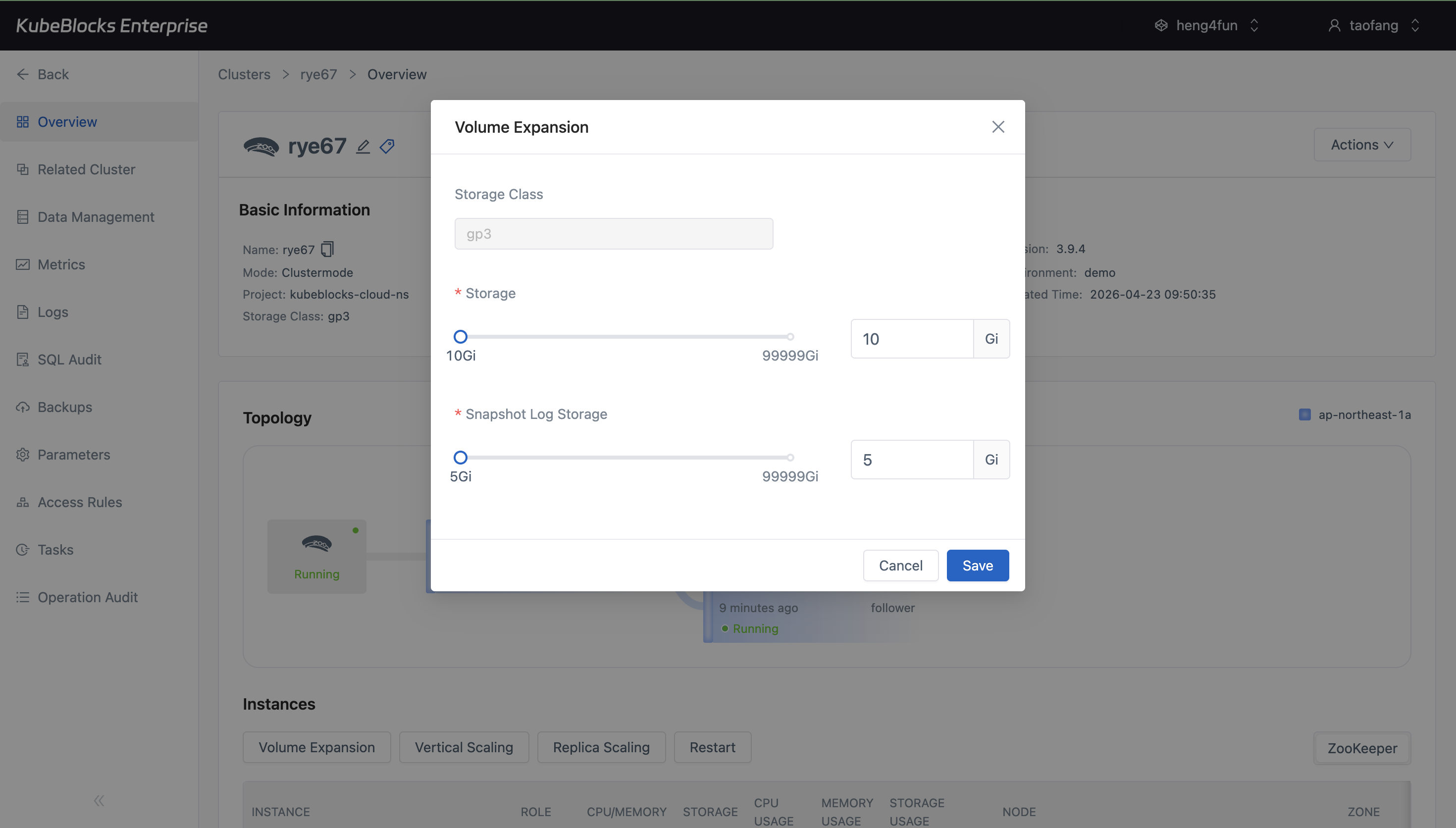 KubeBlocks Enterprise ZooKeeper Volume Expansion dialog showing data and snapshot log storage capacity controls